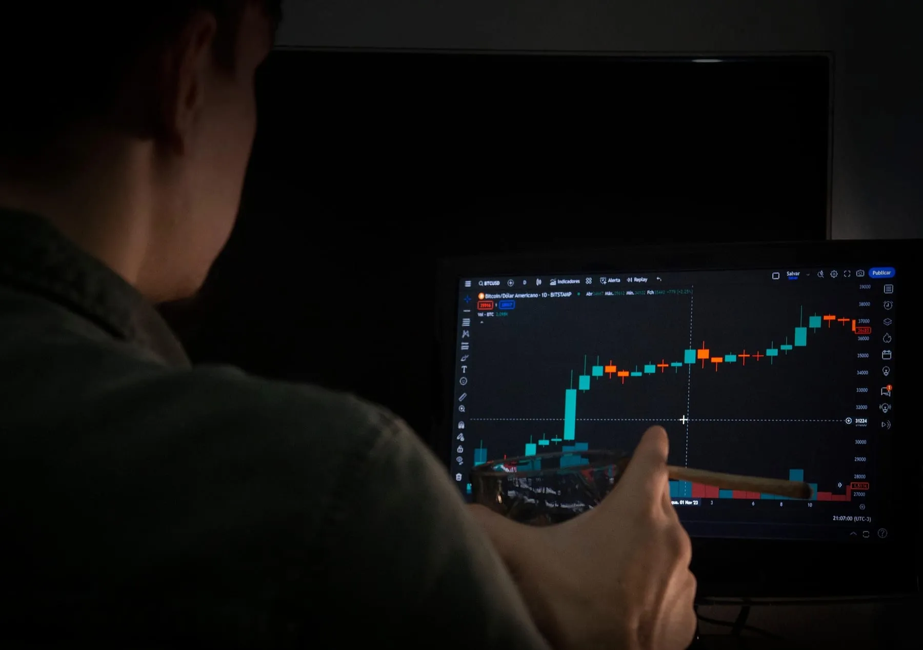 A person studying a candlestick chart on a monitor at night